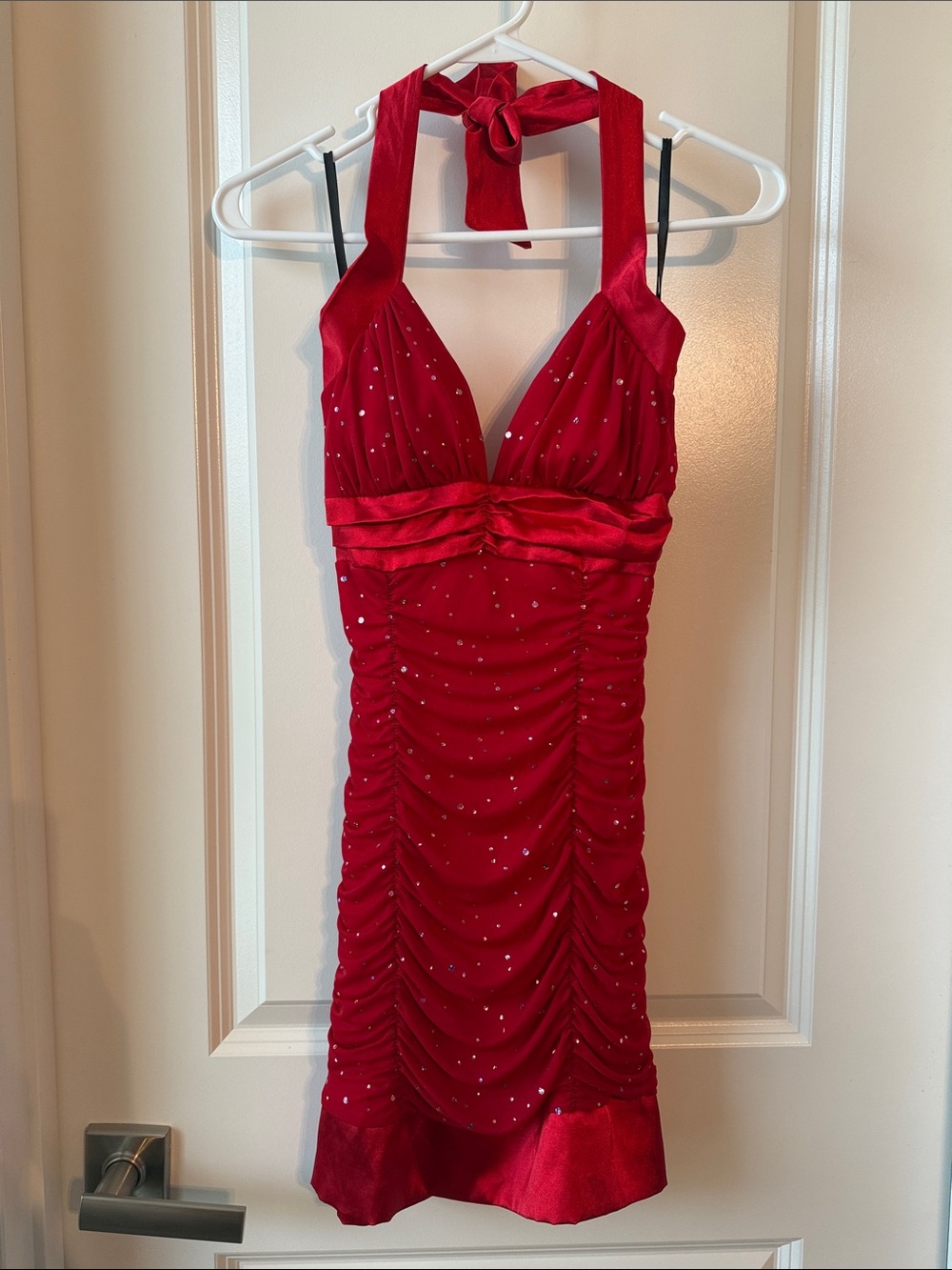 Vintage DEB Red Halter Ruched Dress with Rhinestones